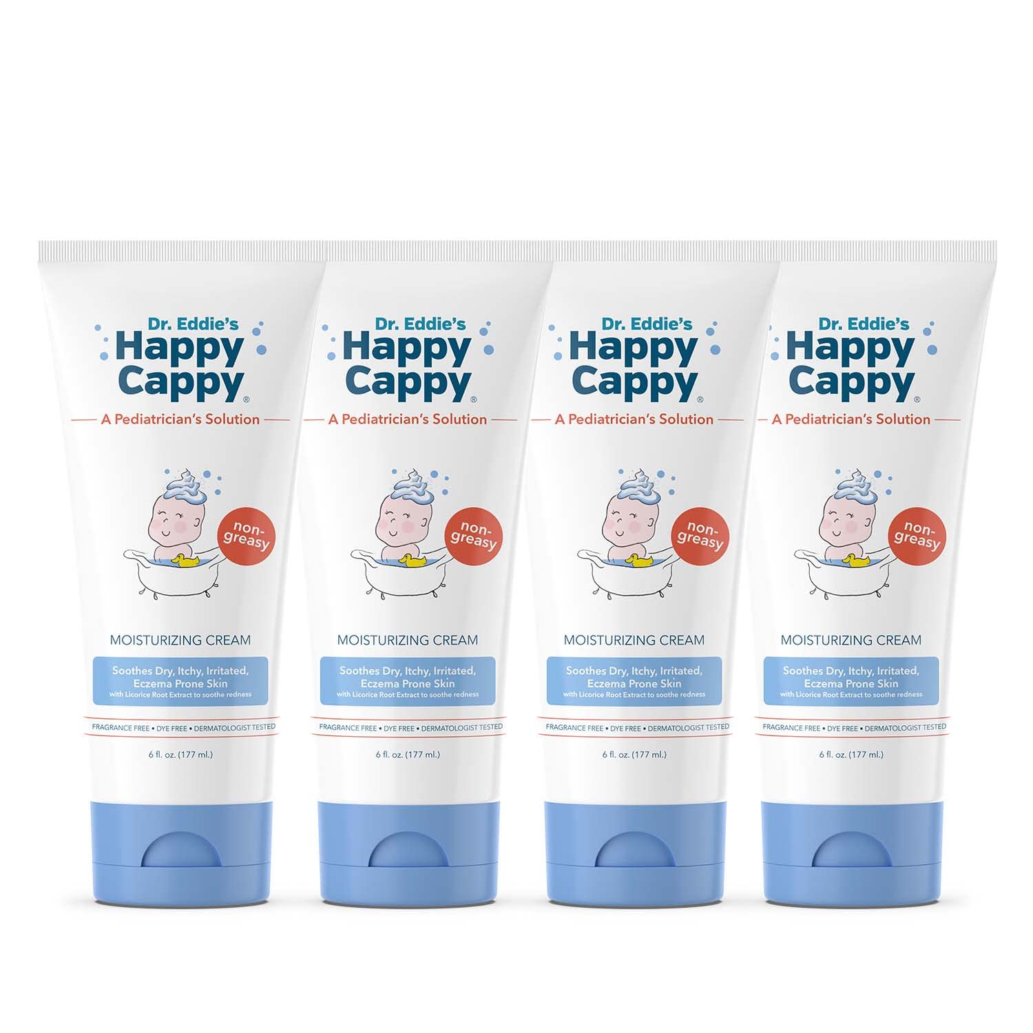 Happy Cappy Moisturizing Cream bottle front, gentle pediatrician-formulated care for sensitive kid skin