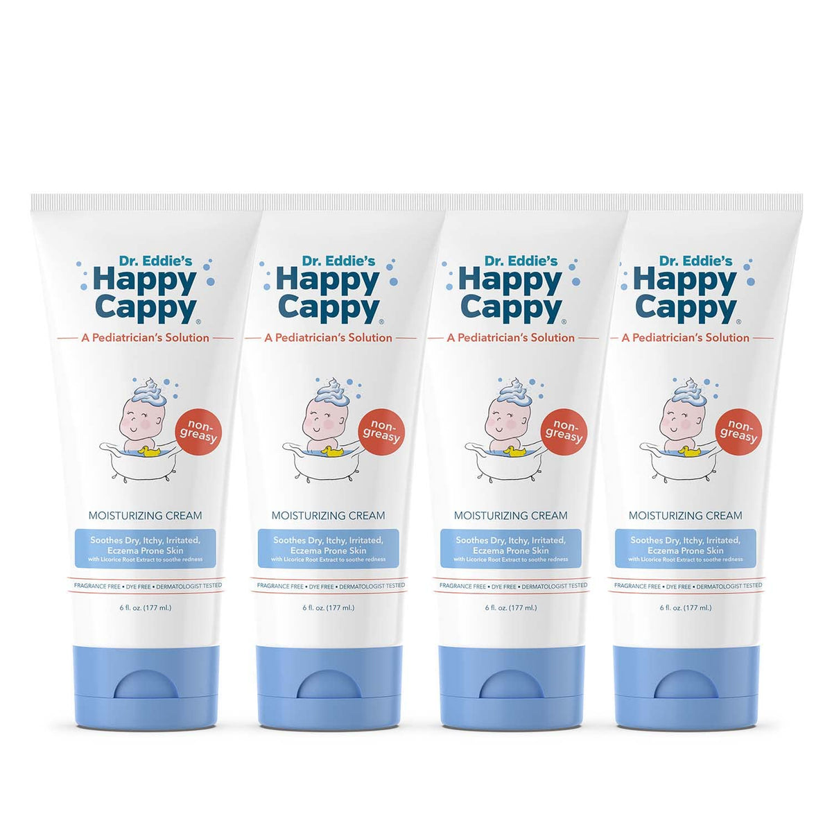 Happy Cappy Moisturizing Cream bottle front, gentle pediatrician-formulated care for sensitive kid skin