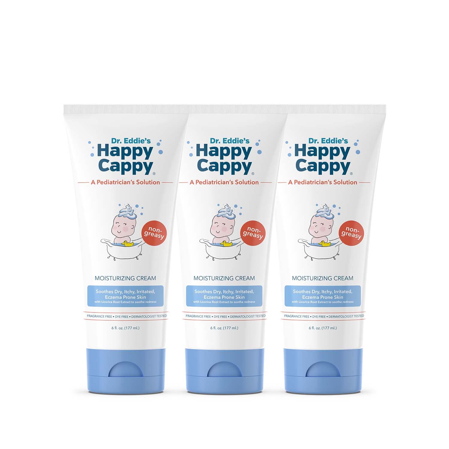 Happy Cappy Moisturizing Cream label closeup highlighting fragrance-free, gentle formula.