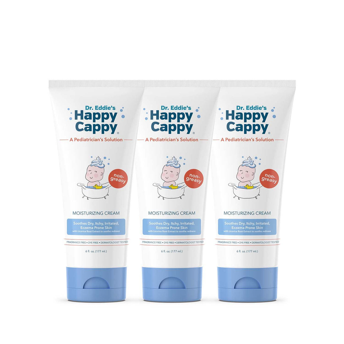Happy Cappy Moisturizing Cream label closeup highlighting fragrance-free, gentle formula.