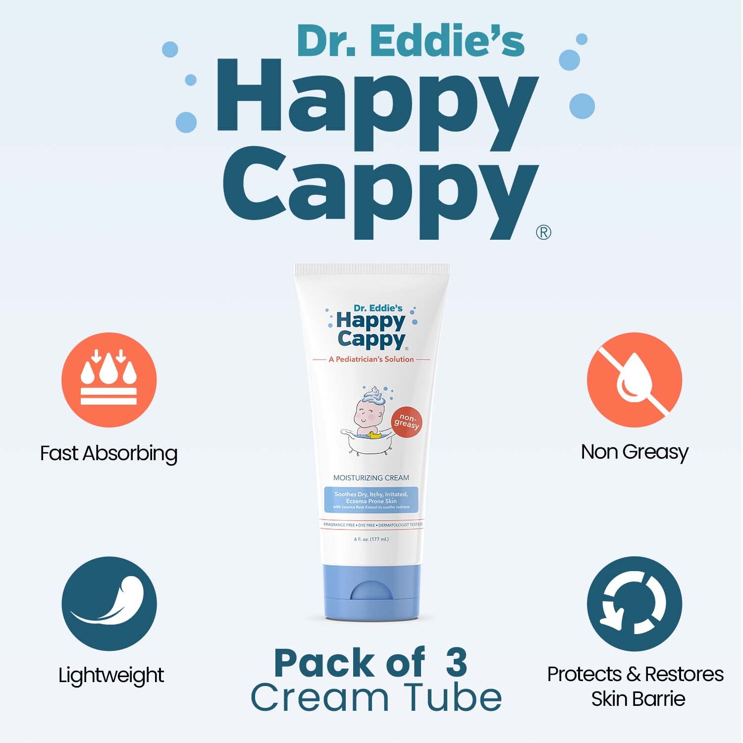 Happy Cappy moisturizing cream packaging with four bottles highlights family-friendly eczema support