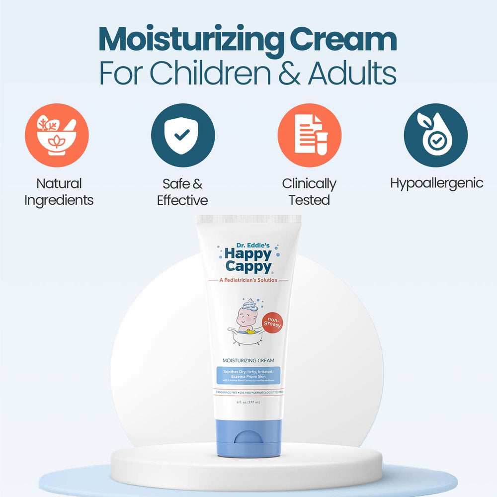 Happy Cappy Moisturizing Cream texture close-up shows non-greasy, fast-absorbing application