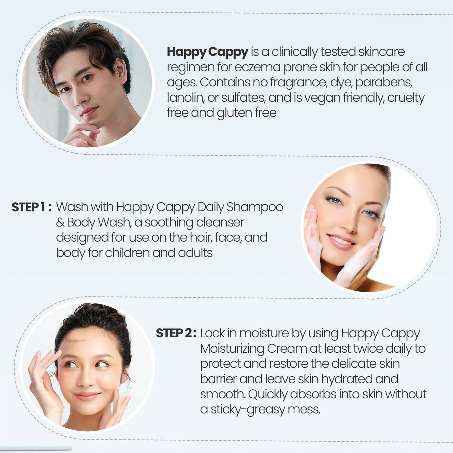 Close-up of Happy Cappy packaging highlighting fragrance-free formula.