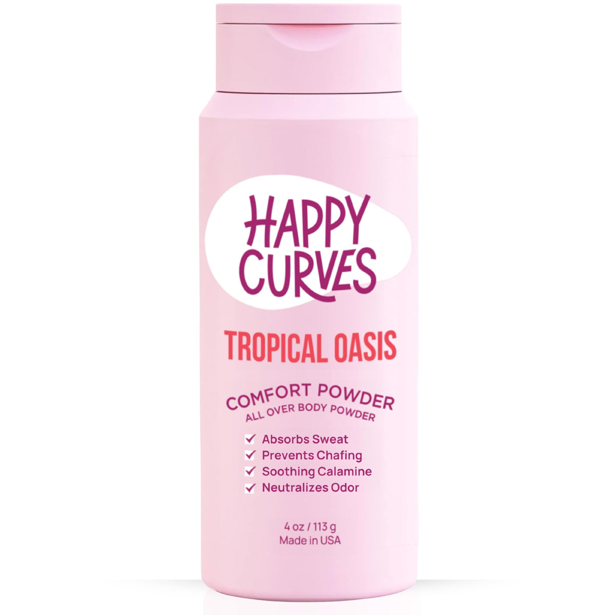 Happy Curves Comfort Powder jar front with talc-free formula for daily dryness