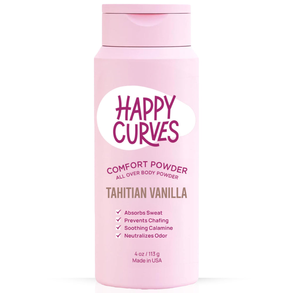 HAPPY CURVES Comfort Powder packaging shows talc-free formula for gentle daily use.