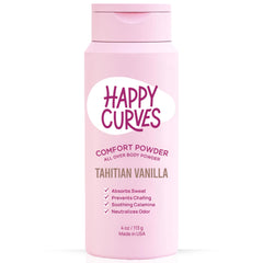 HAPPY CURVES Comfort Powder packaging shows talc-free formula for gentle daily use.