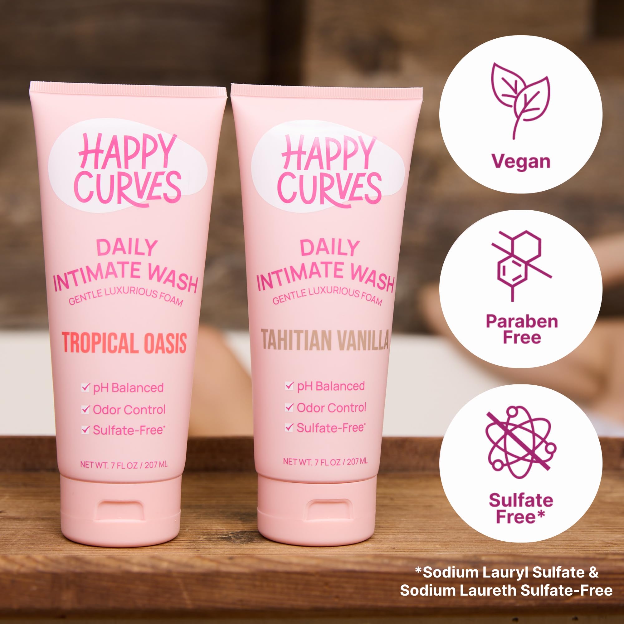 HAPPY CURVES cleanser features sulfate-free, paraben-free, clean ingredients.