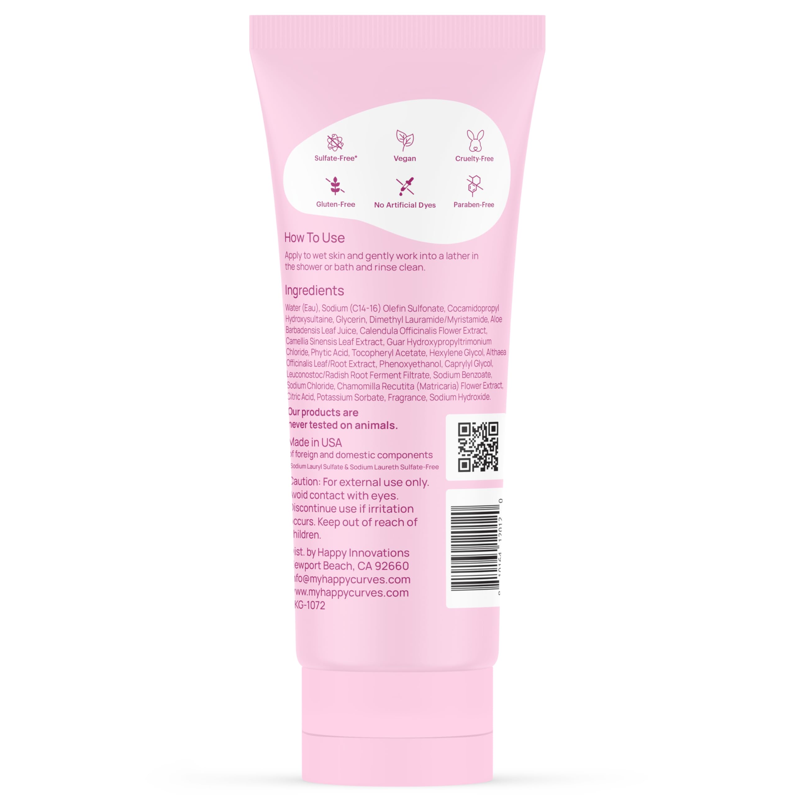 HAPPY CURVES 7 oz bottle shown as travel-friendly daily care option.