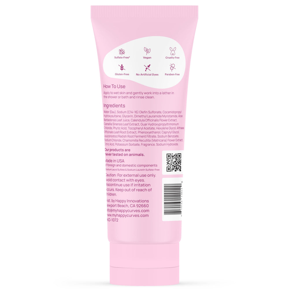 HAPPY CURVES 7 oz bottle shown as travel-friendly daily care option.