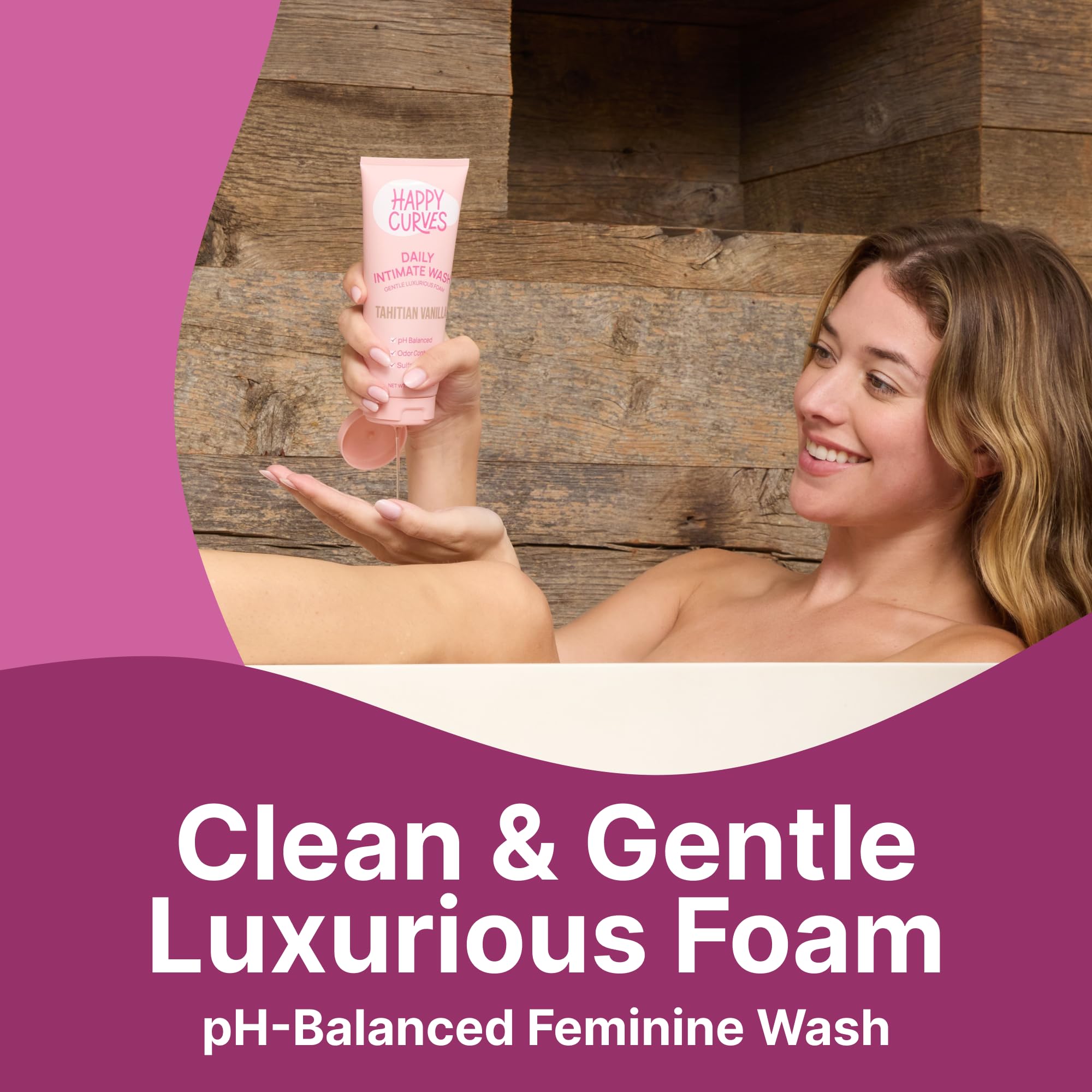 HAPPY CURVES creamy foam demonstrates gentle cleansing for sensitive skin.