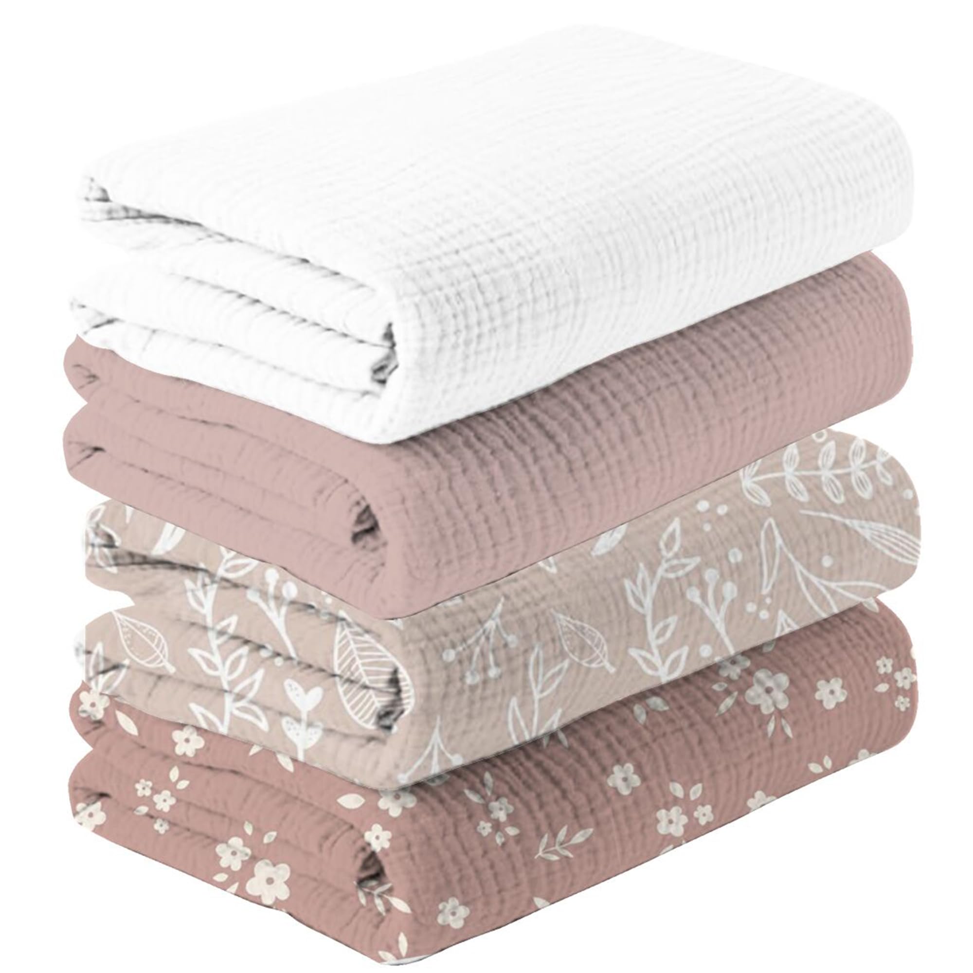 Happy Flute 4Set Muslin Swaddle Blankets with flower design provide gentle, breathable comfort for newborns.