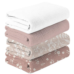 Happy Flute 4Set Muslin Swaddle Blankets with flower design provide gentle, breathable comfort for newborns.