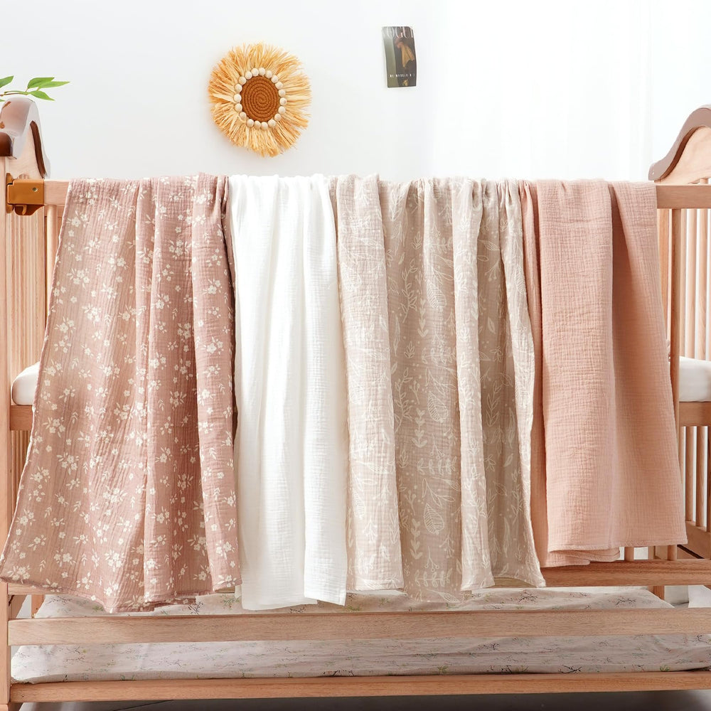 Happy Flute 4Set Muslin Swaddle Blankets demonstrate ultra-soft fabric ideal for soothing babies.