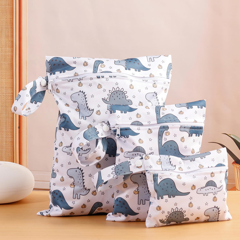 Happy Flute dinosaur wet bag for beach and diaper storage—waterproof and reusable