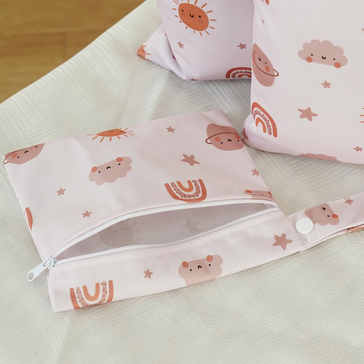 Happy Flute wet bag designed to hang from a stroller for quick access.