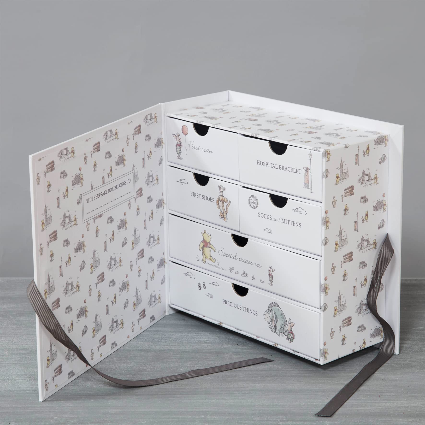 Happy Homewares keepsake box with Pooh and Piglet in London, ribbon finish for treasured newborn keepsakes.