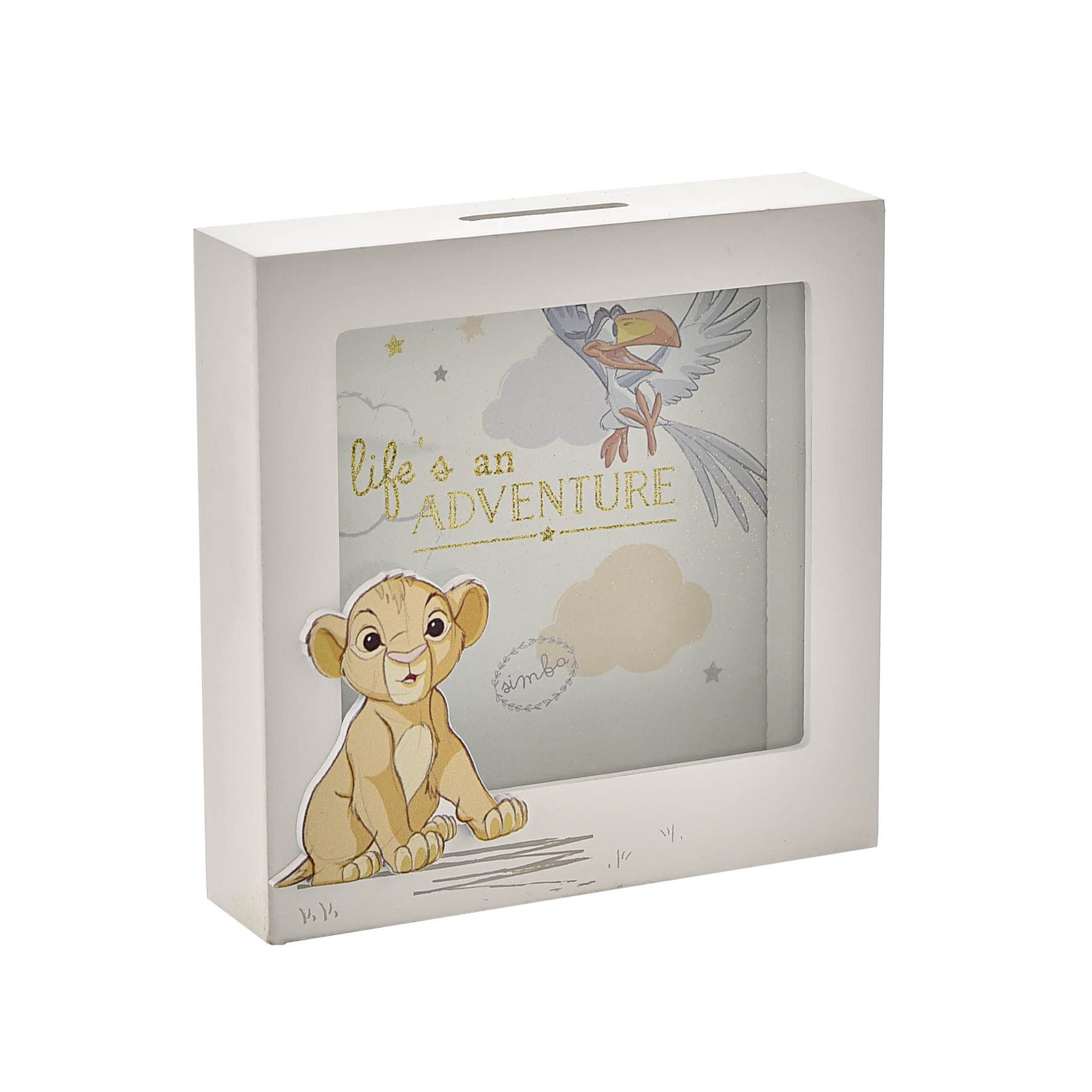 Happy Homewares Simba and Zazu money box top view encourages early savings in a nursery.
