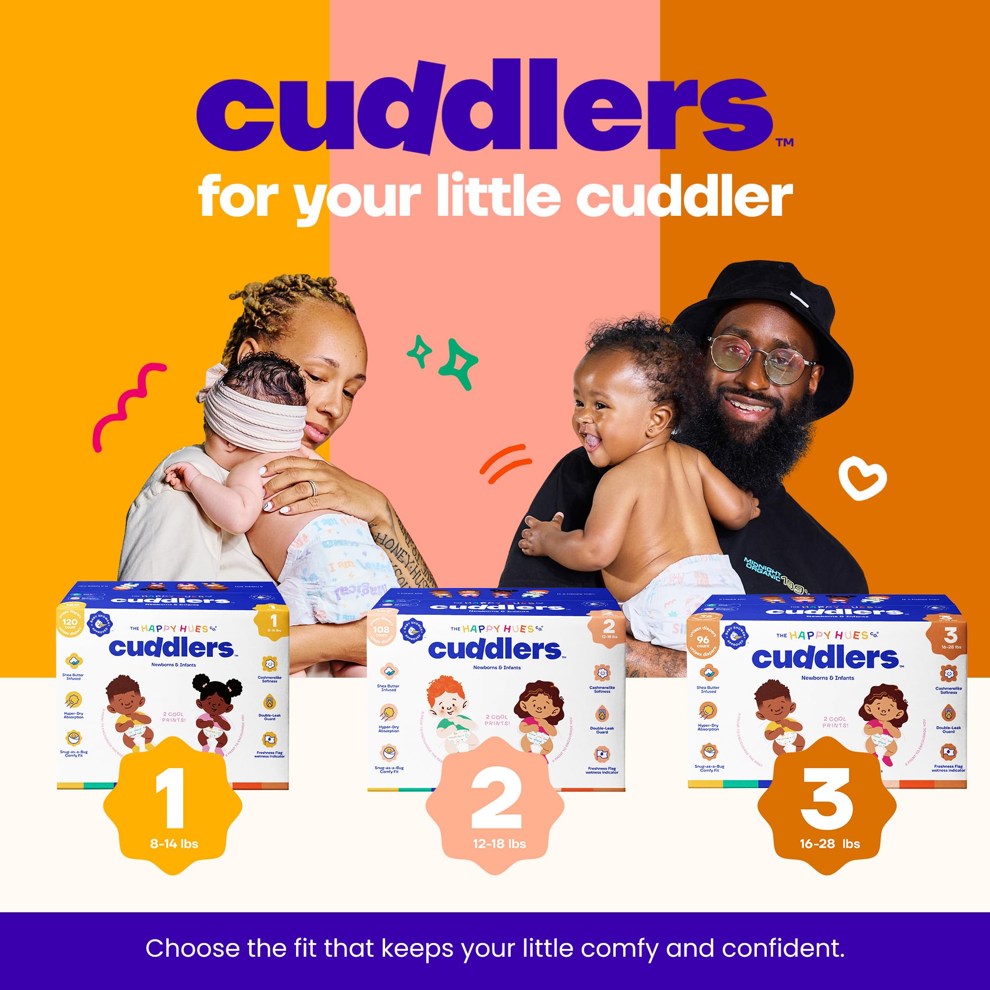 Bright, gift-ready packaging of Happy Hues Cuddlers diapers.