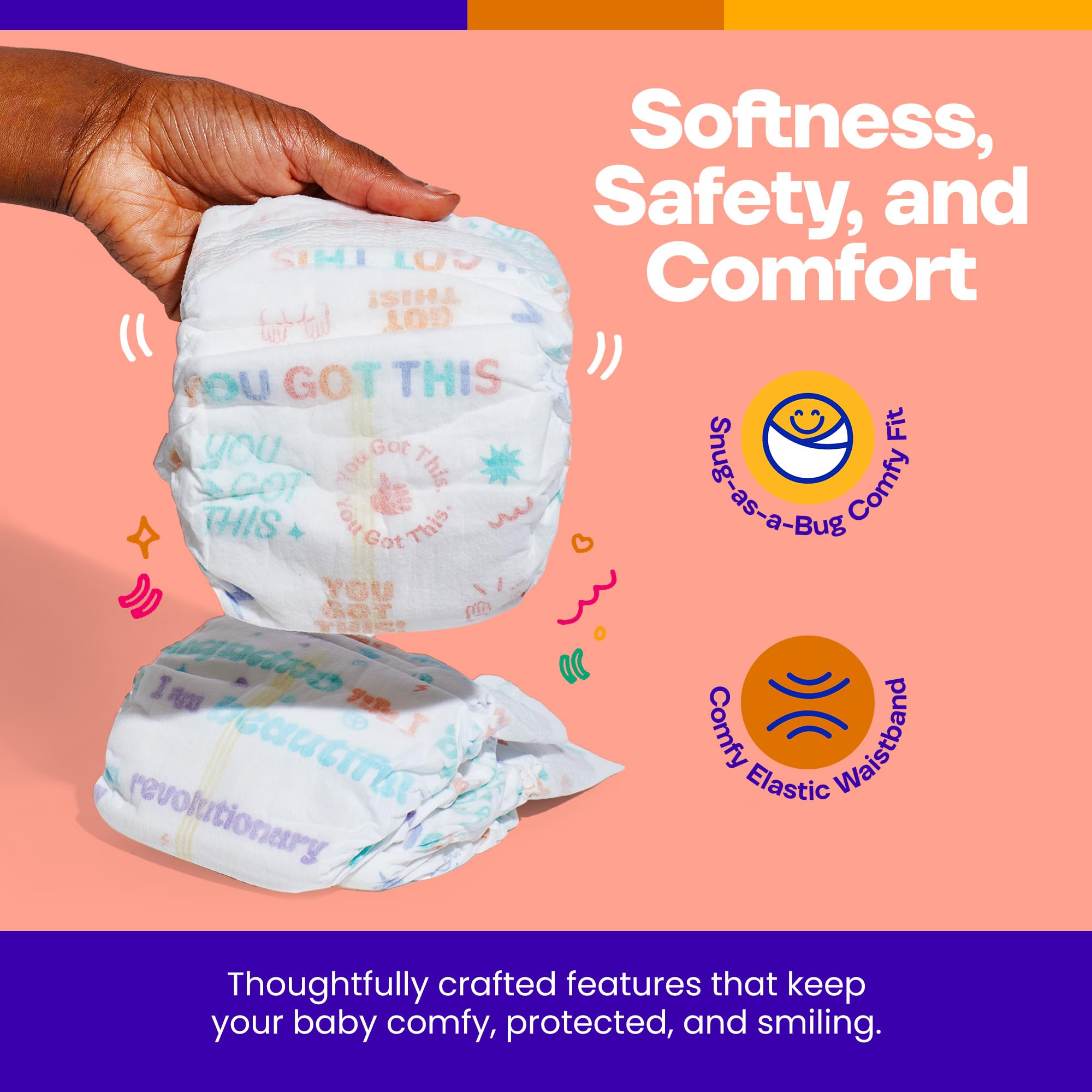 Cuddlers diaper with leak protection and absorbent core for dryness.