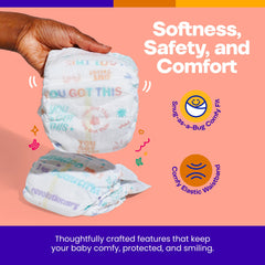 Cuddlers diaper with leak protection and absorbent core for dryness.
