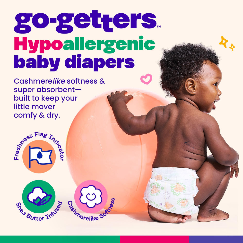 Close-up of Shea butter top sheet on Happy Hues Go-Getters diaper for gentle comfort