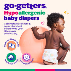 Close-up of Shea butter top sheet on Happy Hues Go-Getters diaper for gentle comfort