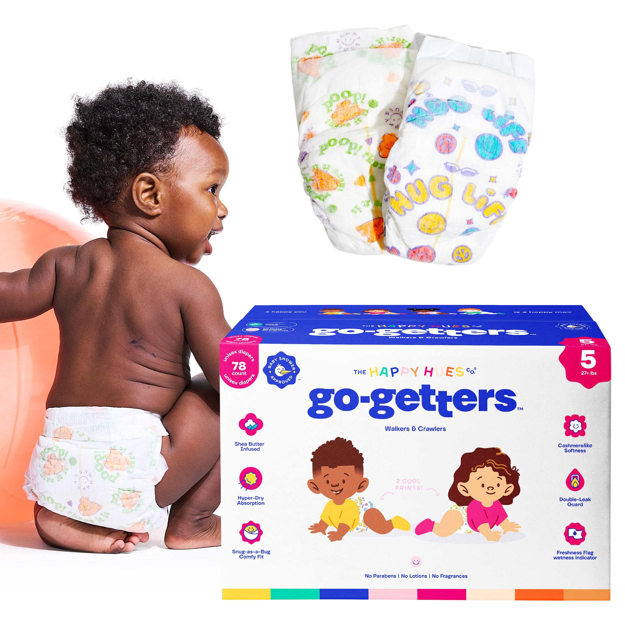 The Happy Hues Go-Getters diaper with Shea Butter top sheet offers gentle comfort.