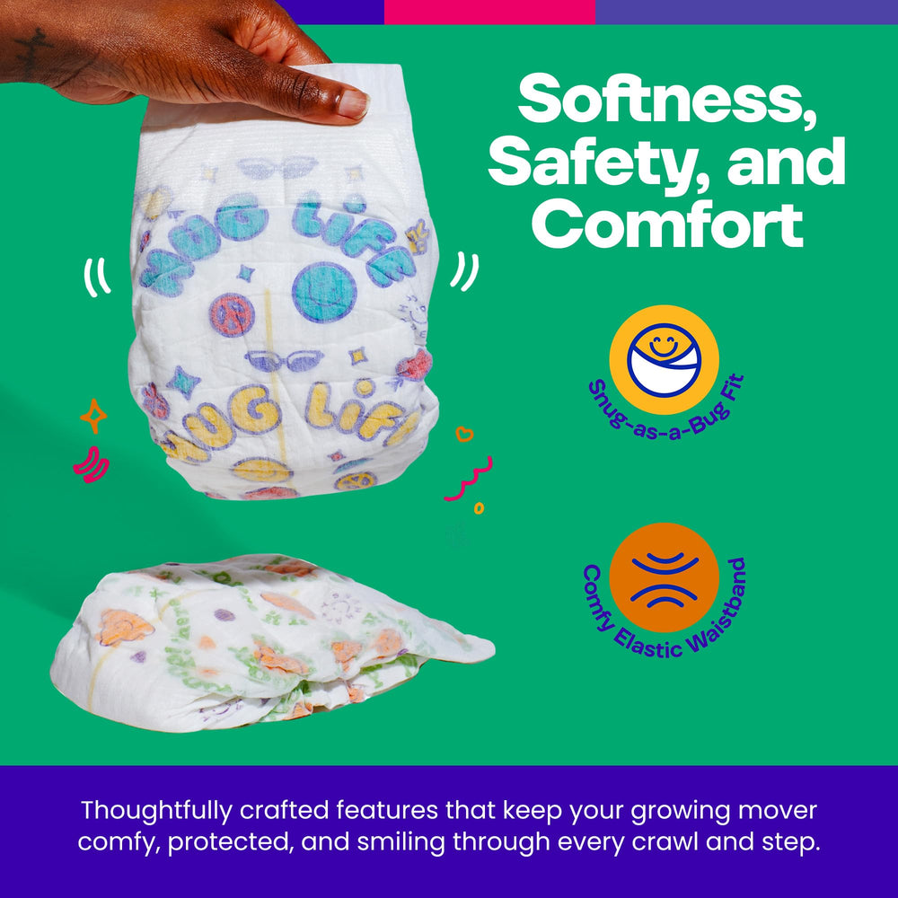 The Happy Hues Go-Getters wetness indicator guides timely diaper changes.