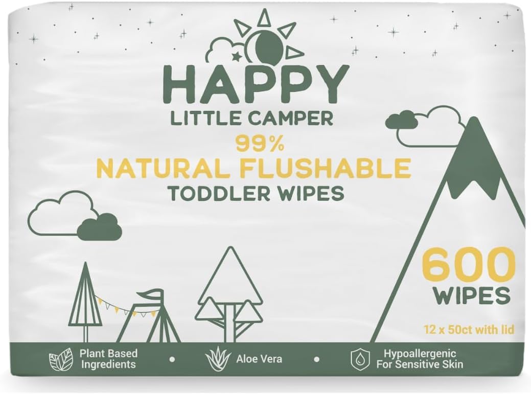 Happy Little Camper natural flushable wipes pack front, ideal for on-the-go cleanups.