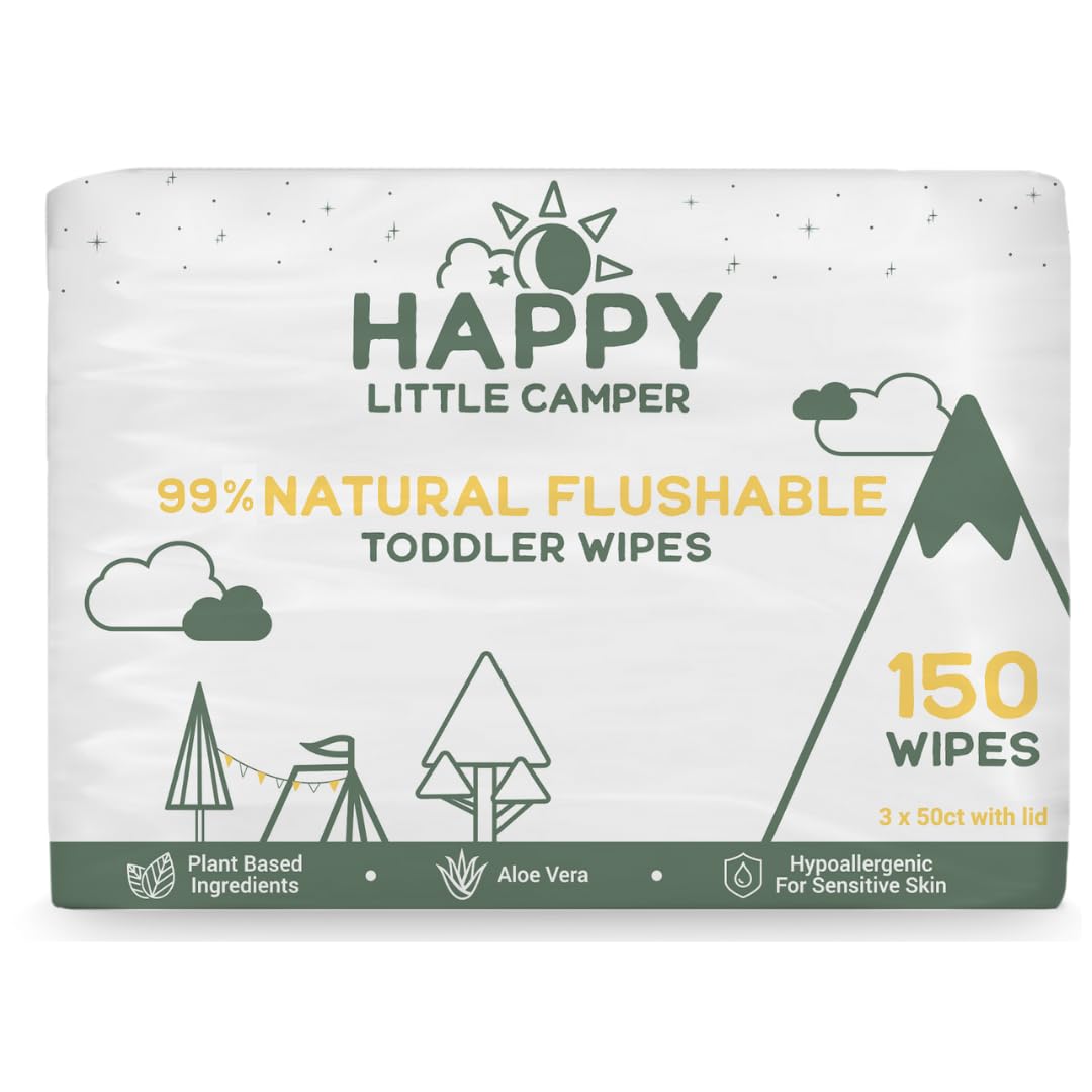 Happy Little Camper natural flushable wipes pack, unscented and gentle for sensitive skin.