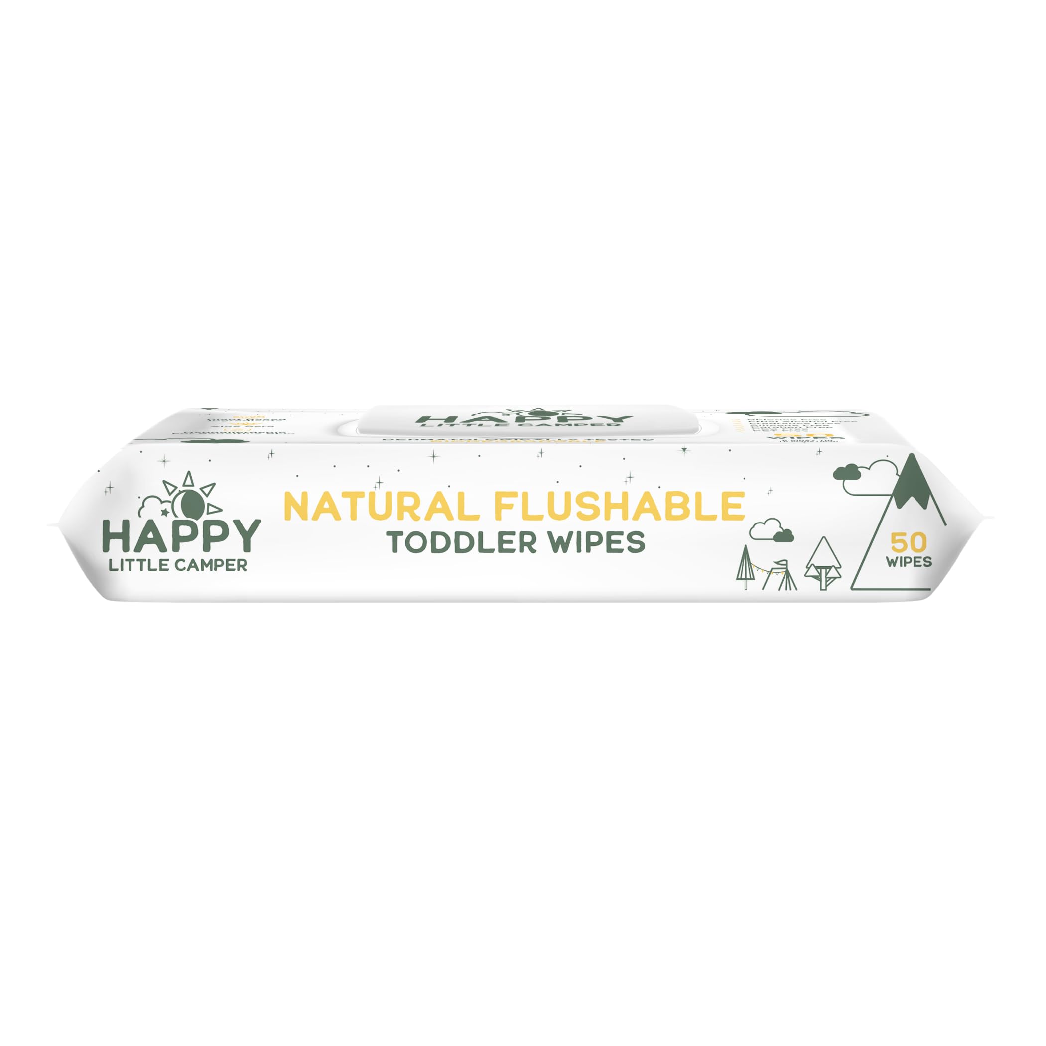 Happy Little Camper natural flushable wipes pack on the changing table for quick cleanups