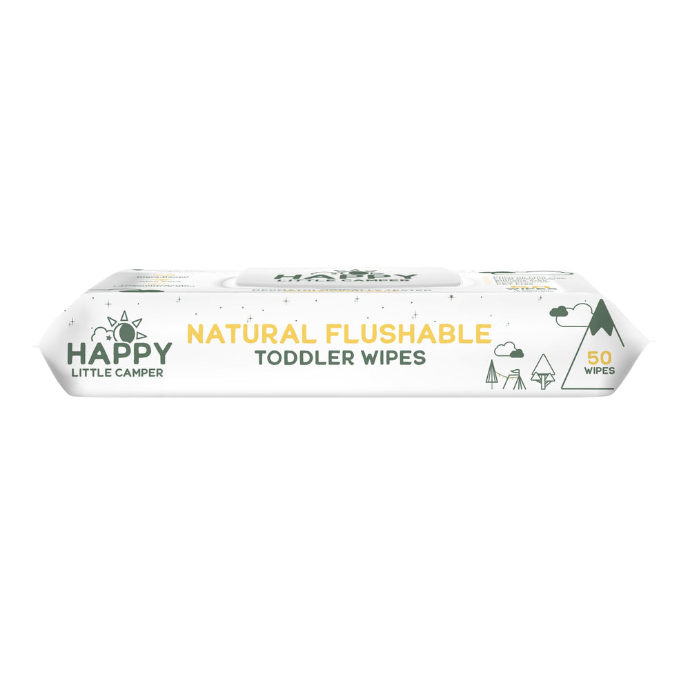 Happy Little Camper natural flushable wipes pack on the changing table for quick cleanups