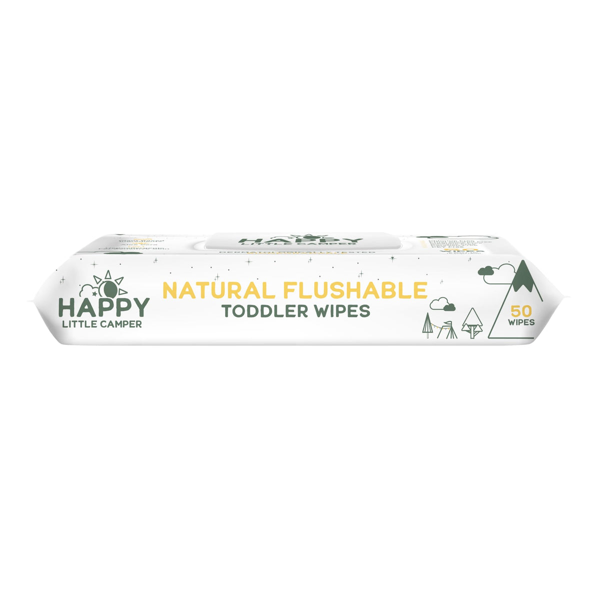 Happy Little Camper natural flushable wipes pack on the changing table for quick cleanups