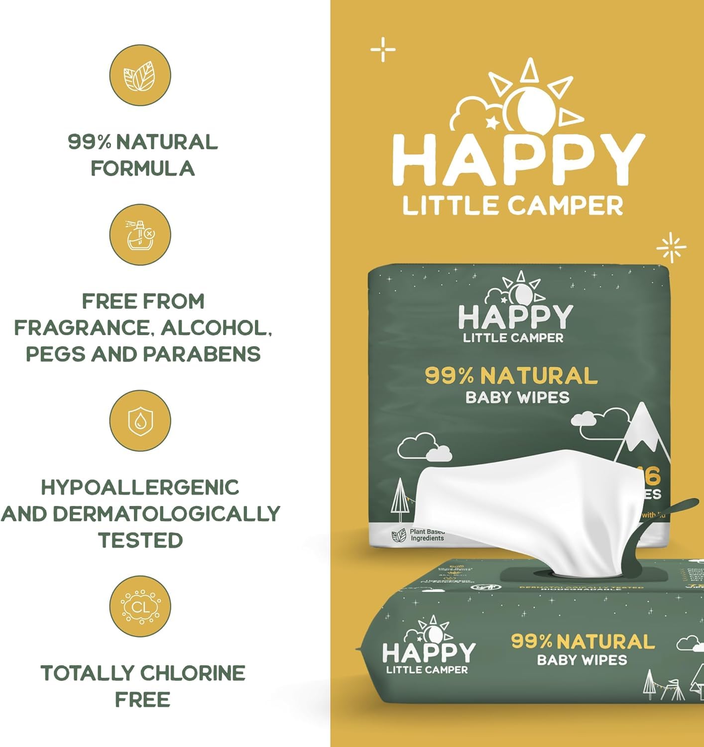 Happy Little Camper plant-based wipes, chlorine-free and septic-safe.