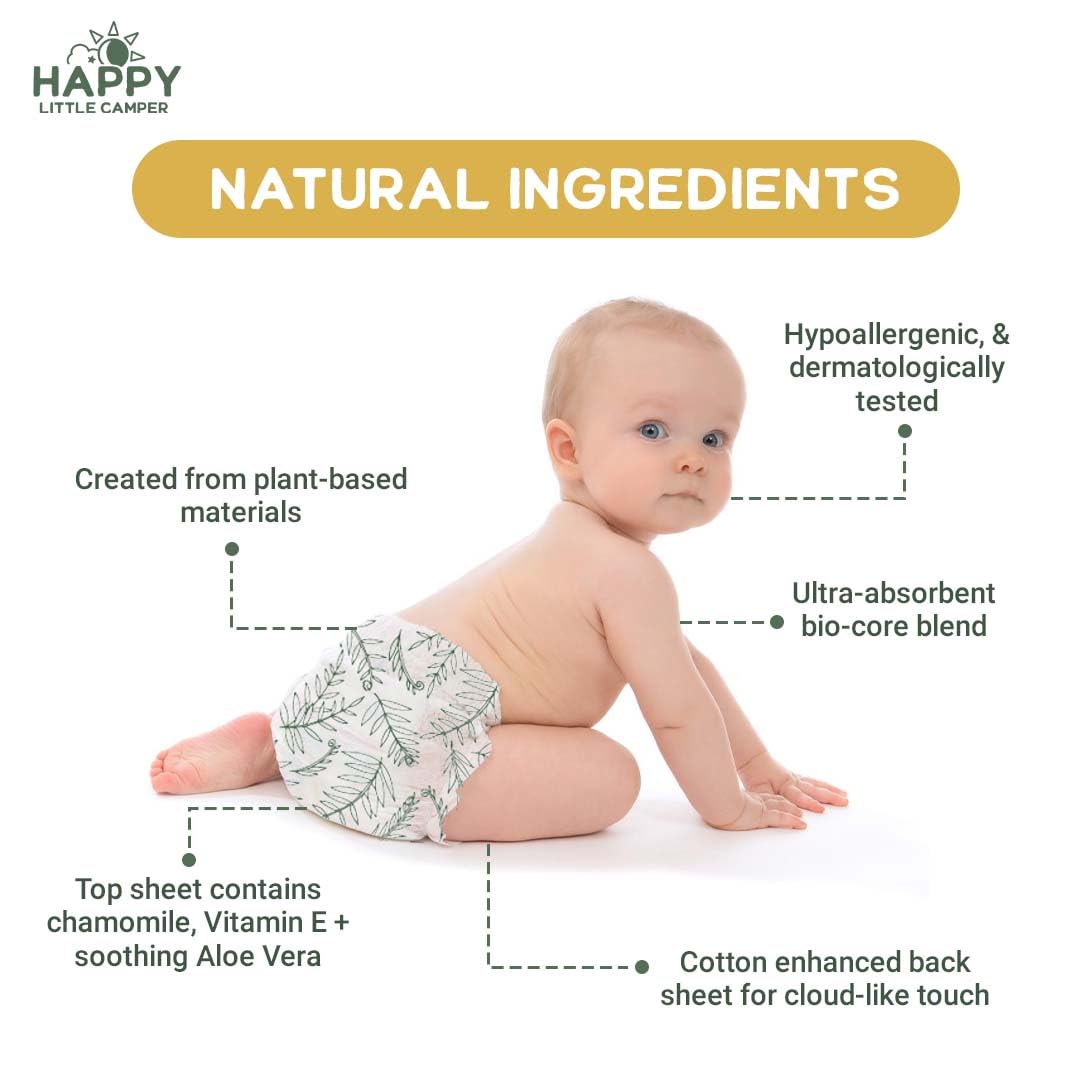Happy Little Camper plant-based formula, chlorine-free and GMO-free wipes.