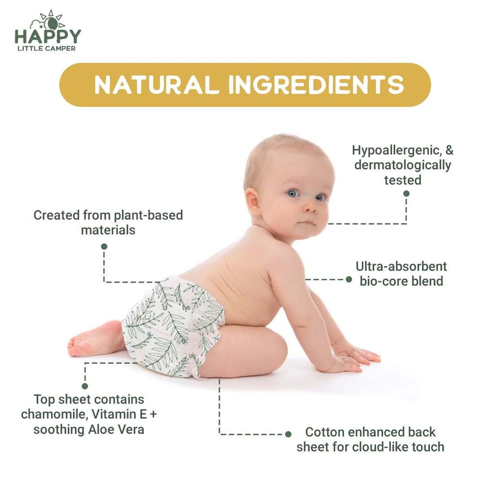 Happy Little Camper plant-based formula, chlorine-free and GMO-free wipes.