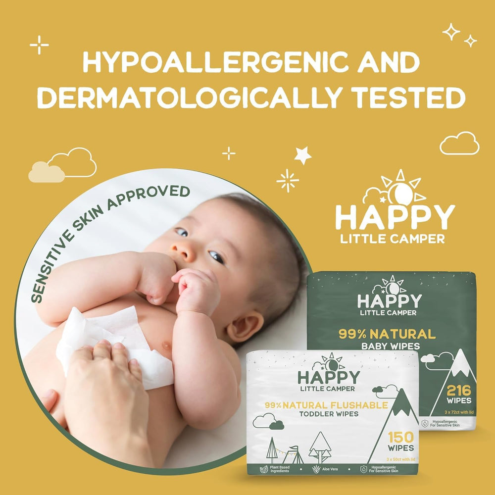 Happy Little Camper septic-safe wipes, travel-friendly packaging for on-the-go care.