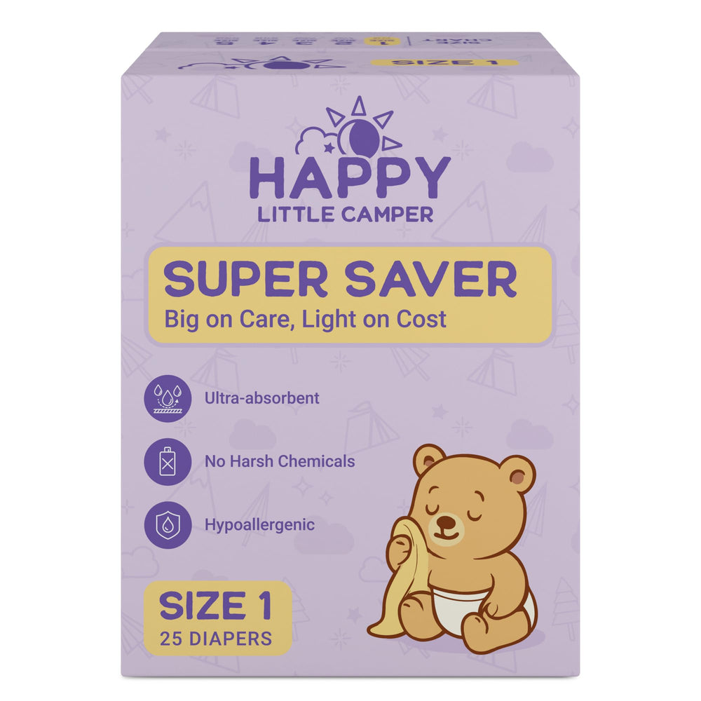 Happy Little Camper Super Saver Diapers Size 1 front pack view for budget-friendly daily use.