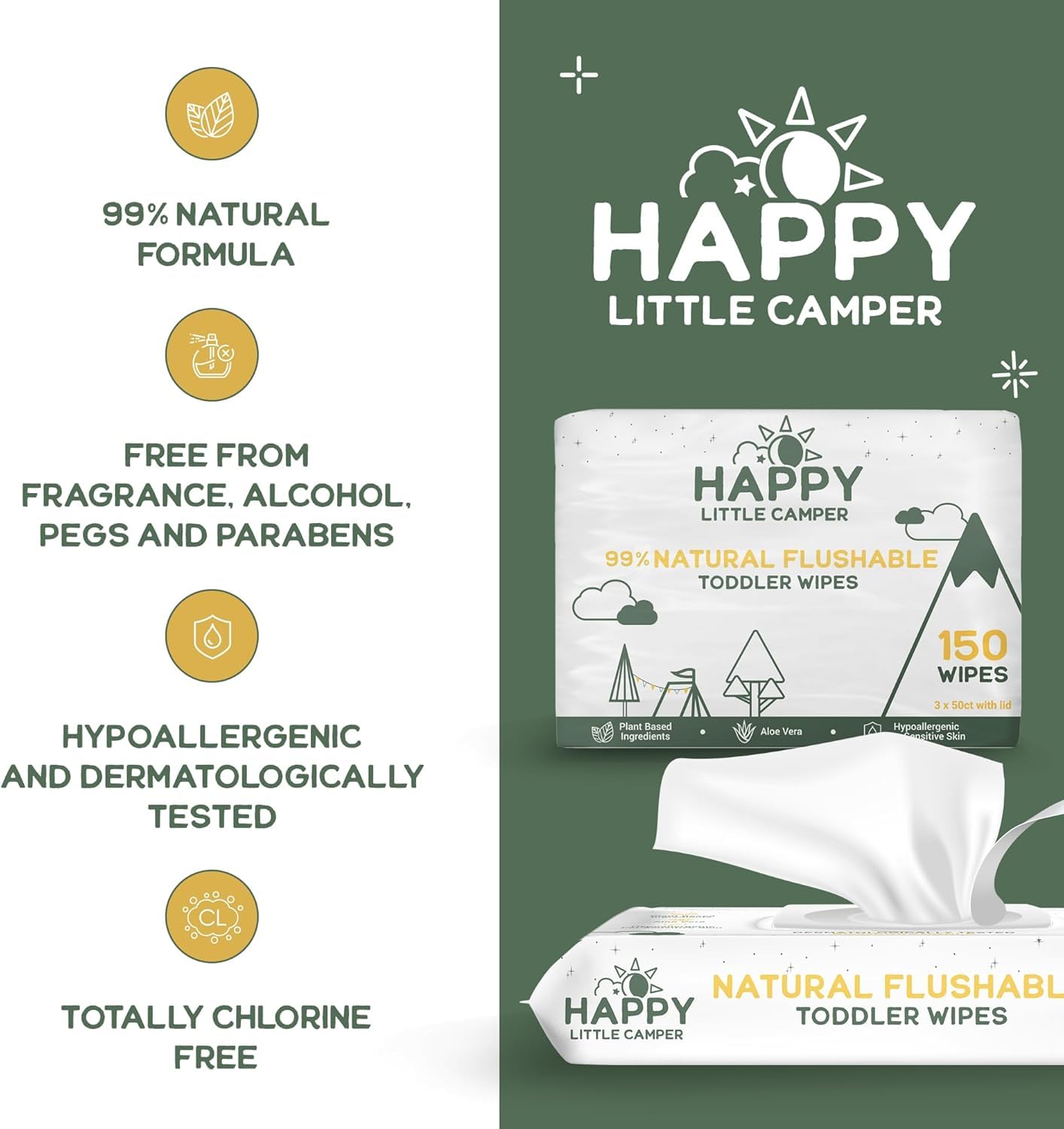 Happy Little Camper unscented wipes close-up texture, gentle for sensitive skin.