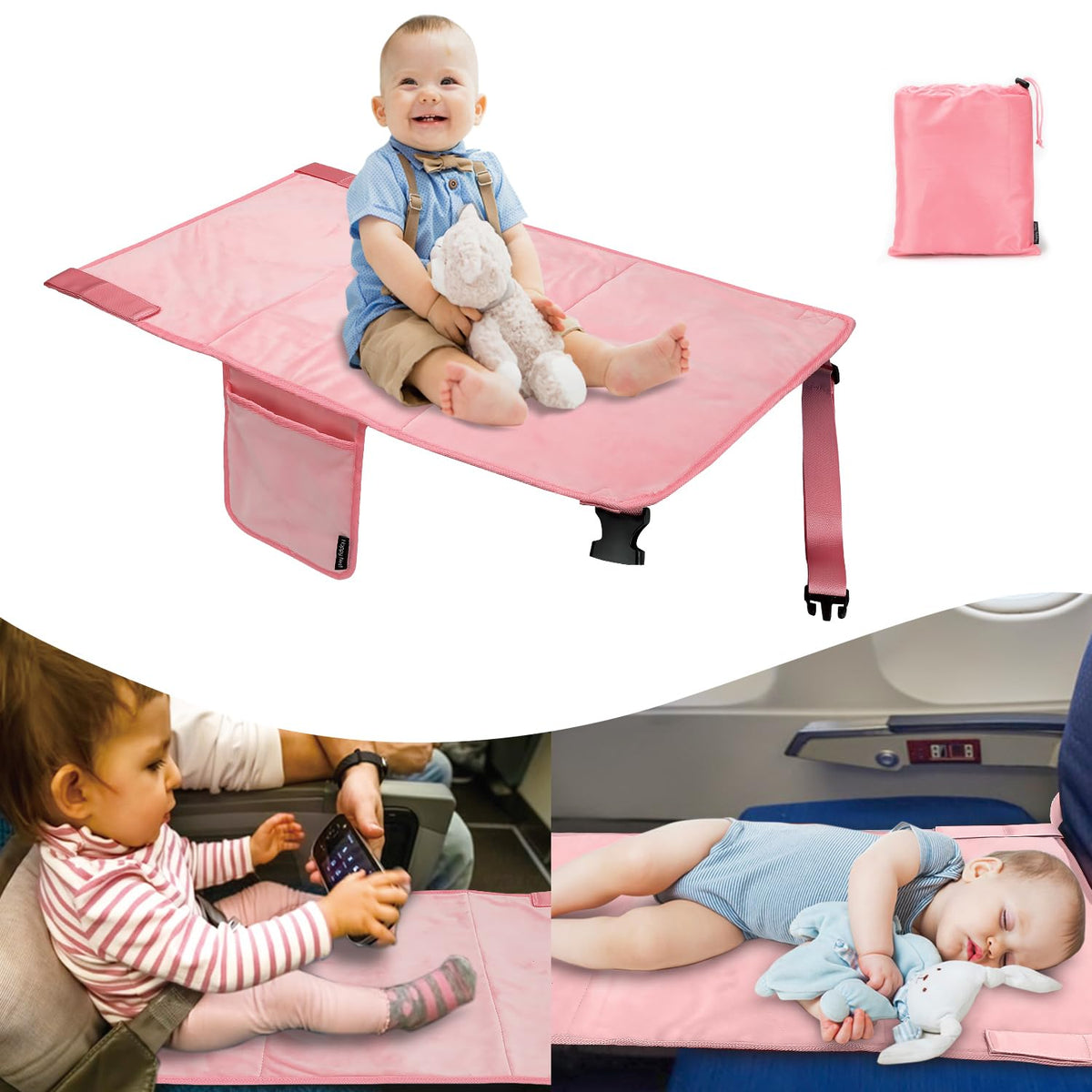 Happy Nest toddler airplane bed setup in seat, cozy travel sleep aid.