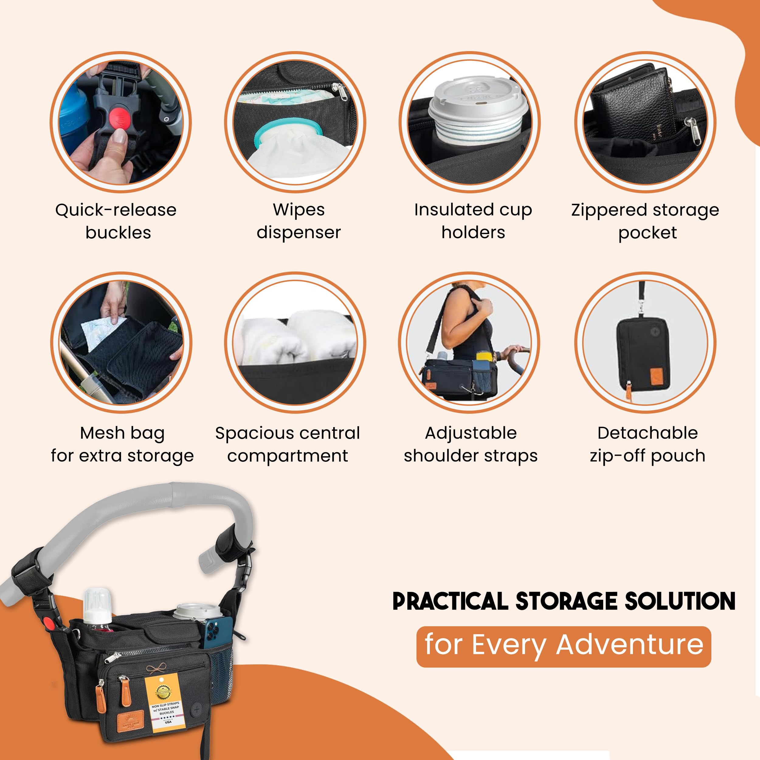 Happy Path & Co stroller bag with multiple compartments for diapers, wipes, and bottles.