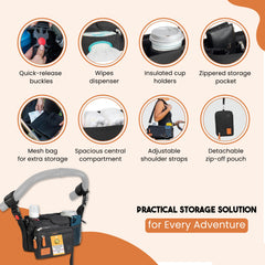 Happy Path & Co stroller bag with multiple compartments for diapers, wipes, and bottles.