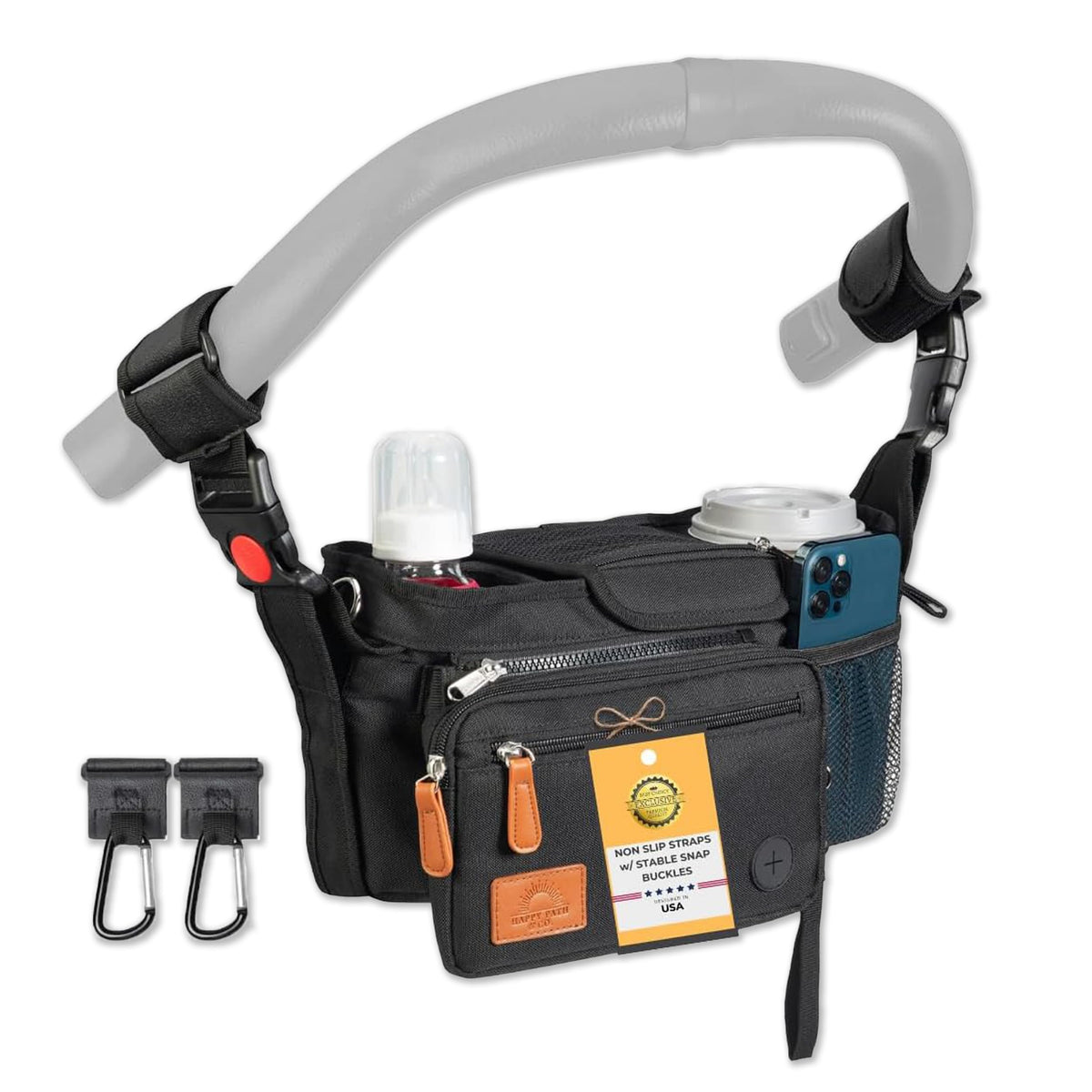 Happy Path & Co universal stroller organizer with cup holder keeps drinks accessible.