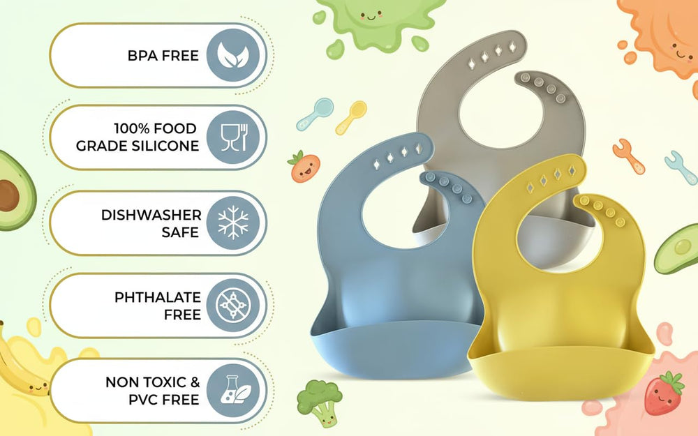 Happy Snails silicone bib is dishwasher safe for quick cleanup after feeding