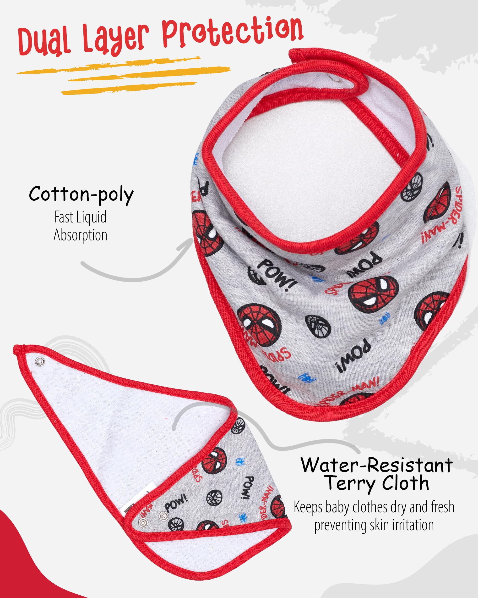 Happy Threads bandana bib with allover comic print in grey enhances playful outfits and drool management.