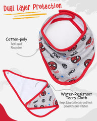 Happy Threads bandana bib with allover comic print in grey enhances playful outfits and drool management.