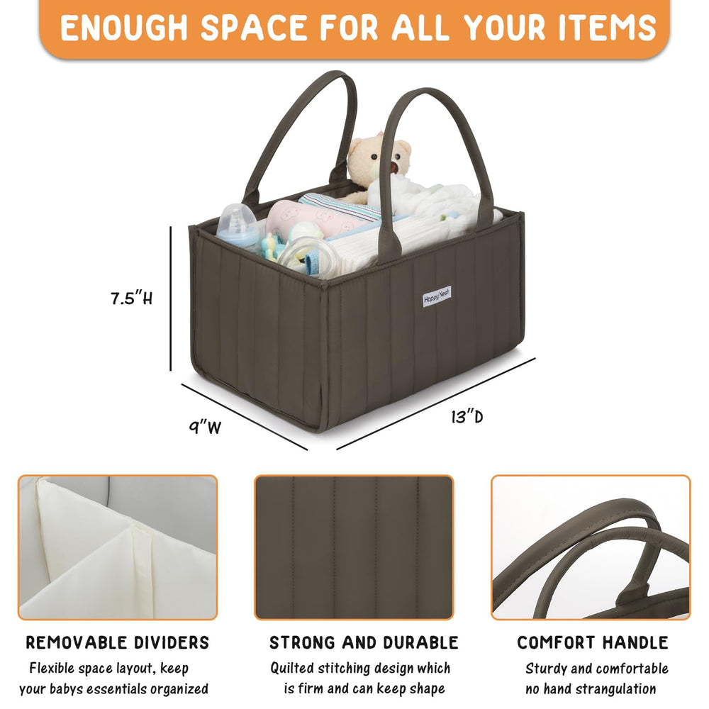 HAPPY NEST diaper caddy with removable dividers for personalized organization.