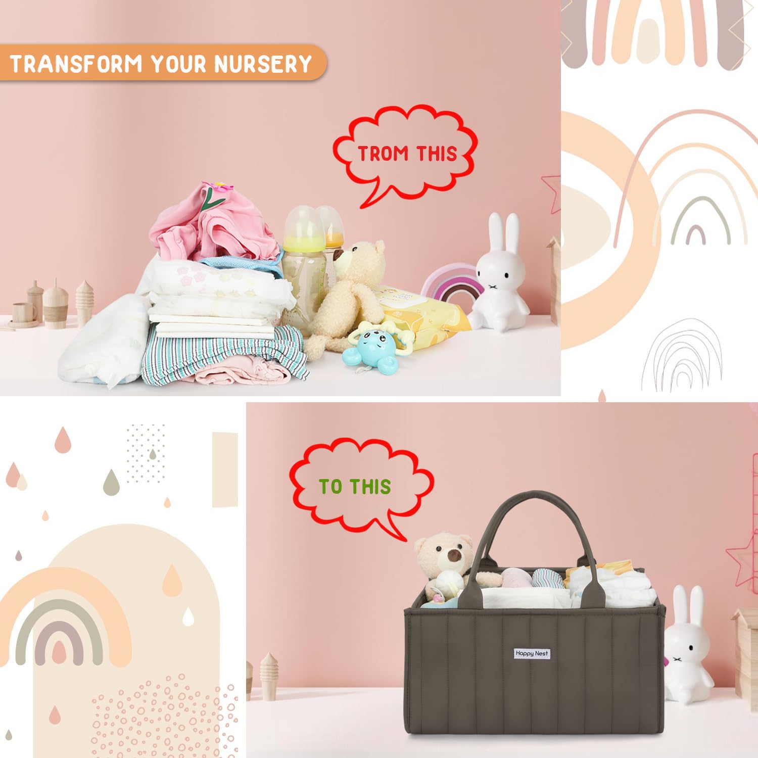 HAPPY NEST caddy features padded handles for easy room-to-room transport.