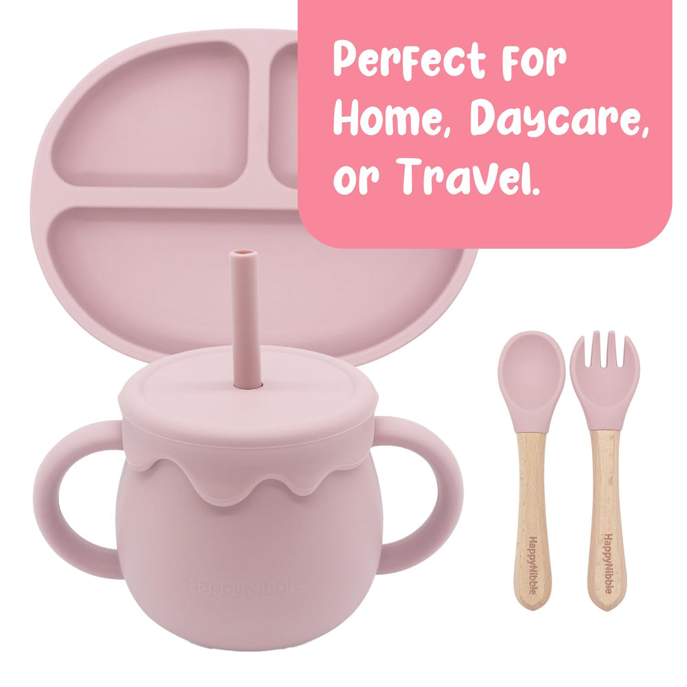 HappyNibble Rose Pink microwave-safe cup ready for warming