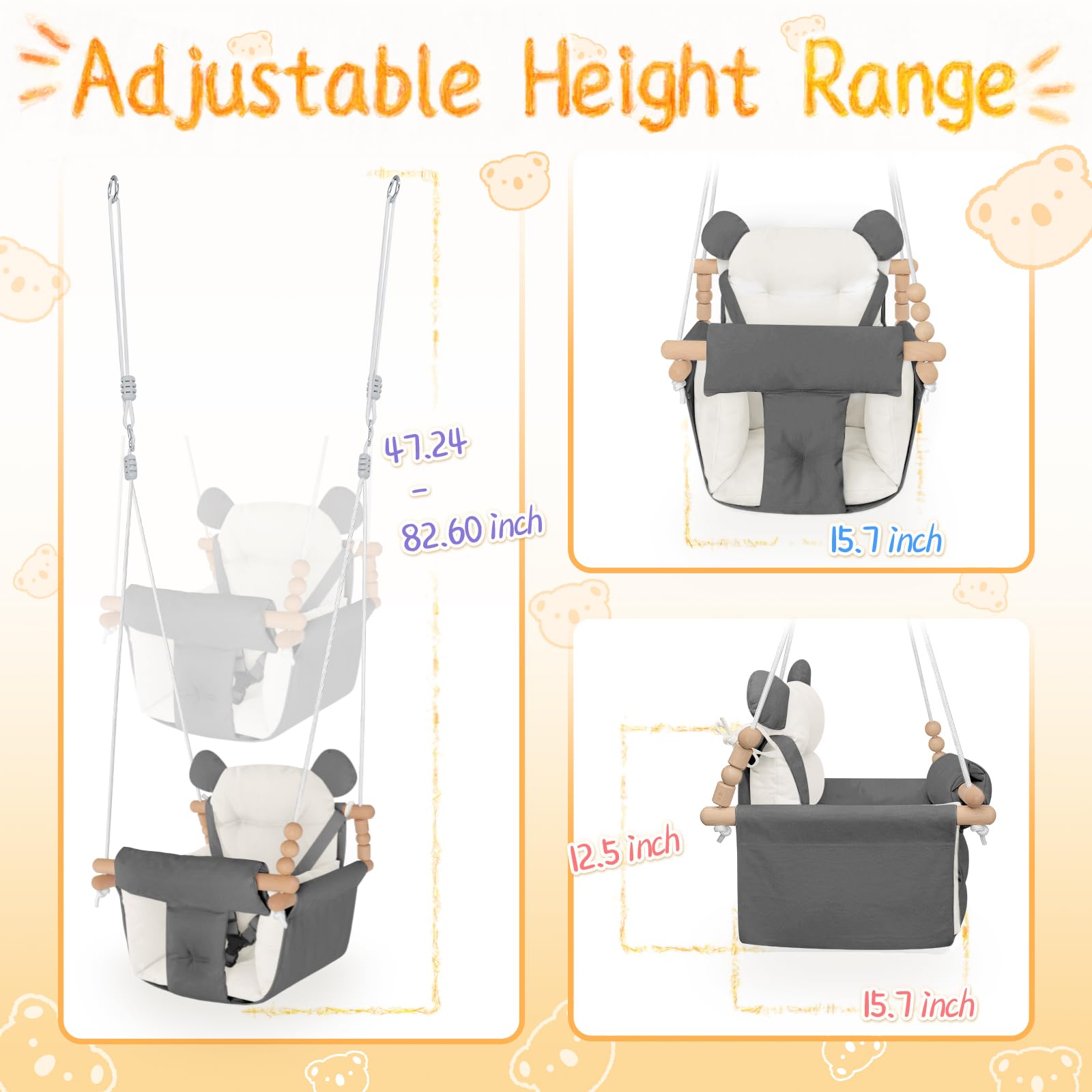 HAPPY PIE 360-degree padded cushion surrounds comfortable swinging sessions.